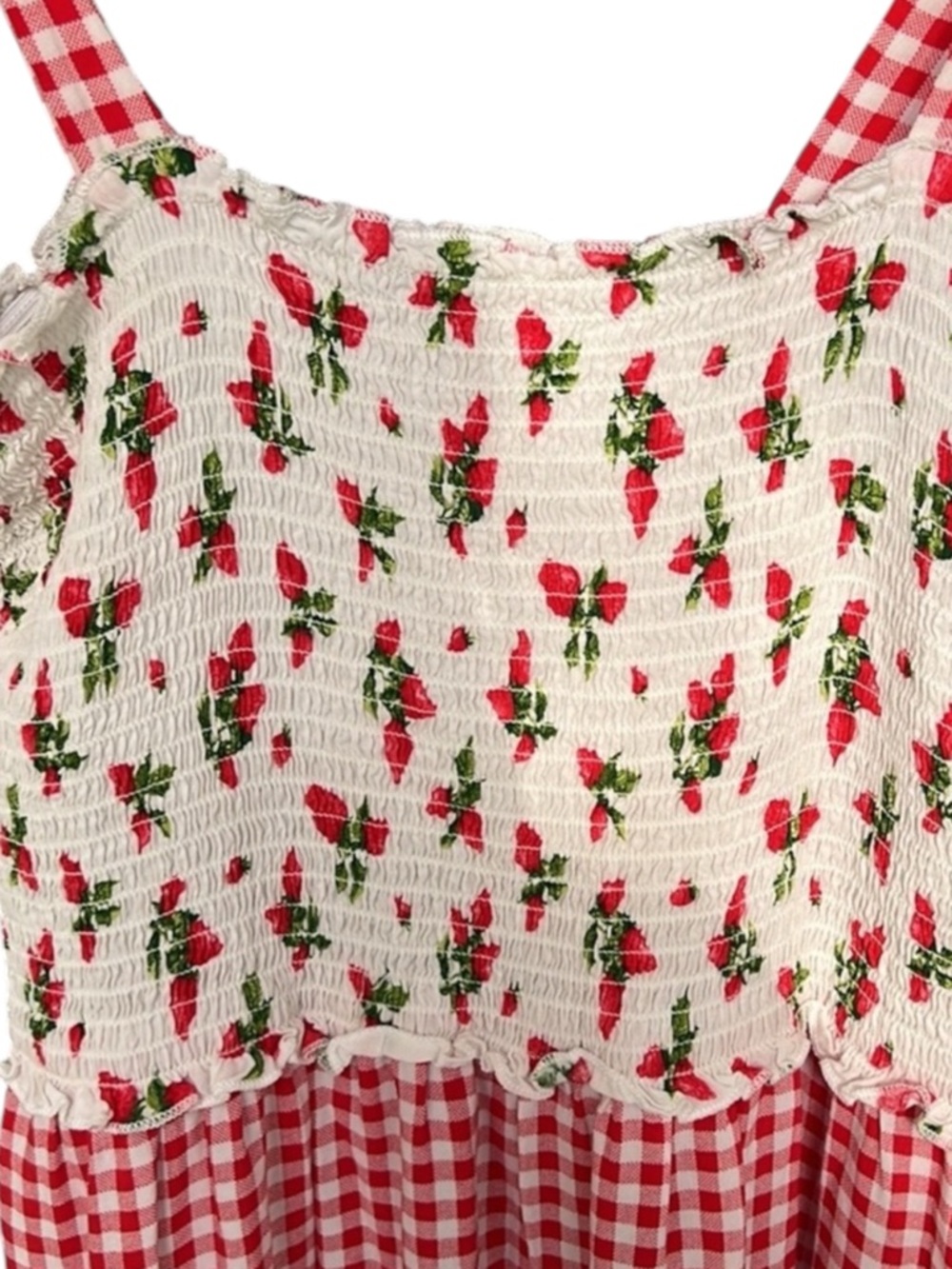 BEBOP Red Gingham & Strawberry Print Tie-Shoulder Maxi Dress Size Medium - Picture 2 of 7
